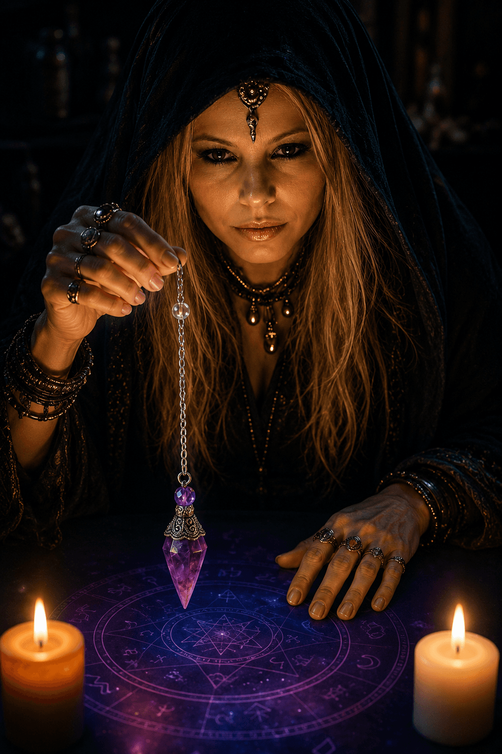 María de la Luz con péndulo sobre un altar de tarot